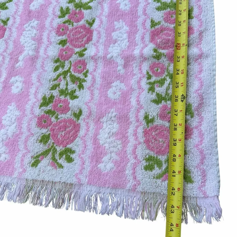Vintage Cannon Monticello Bath Towel Floral Pink & Green Roses w/ Fringe Cottage